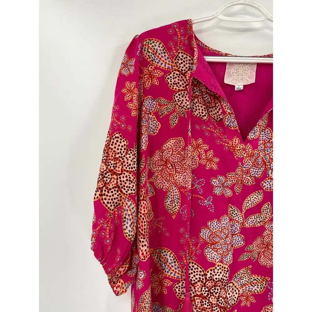 Johnny‎ Was Vesna Pink Floral Print Short Sleeve Silk Mini Dress Size Small